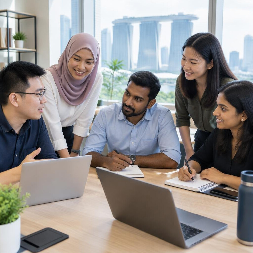 Diverse team of professionals collaborating around a table with laptops