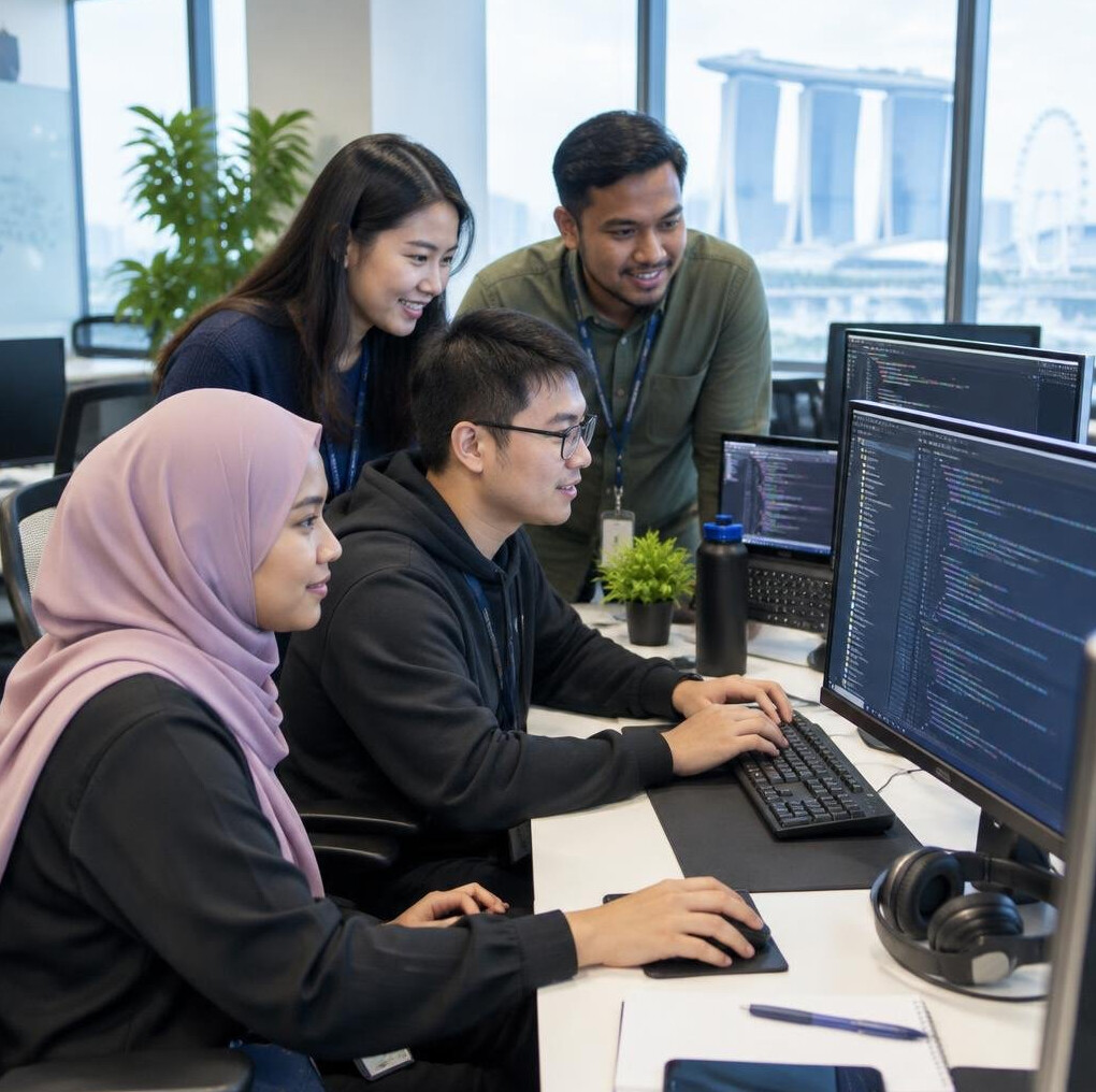Team of developers working together at multiple computer monitors
