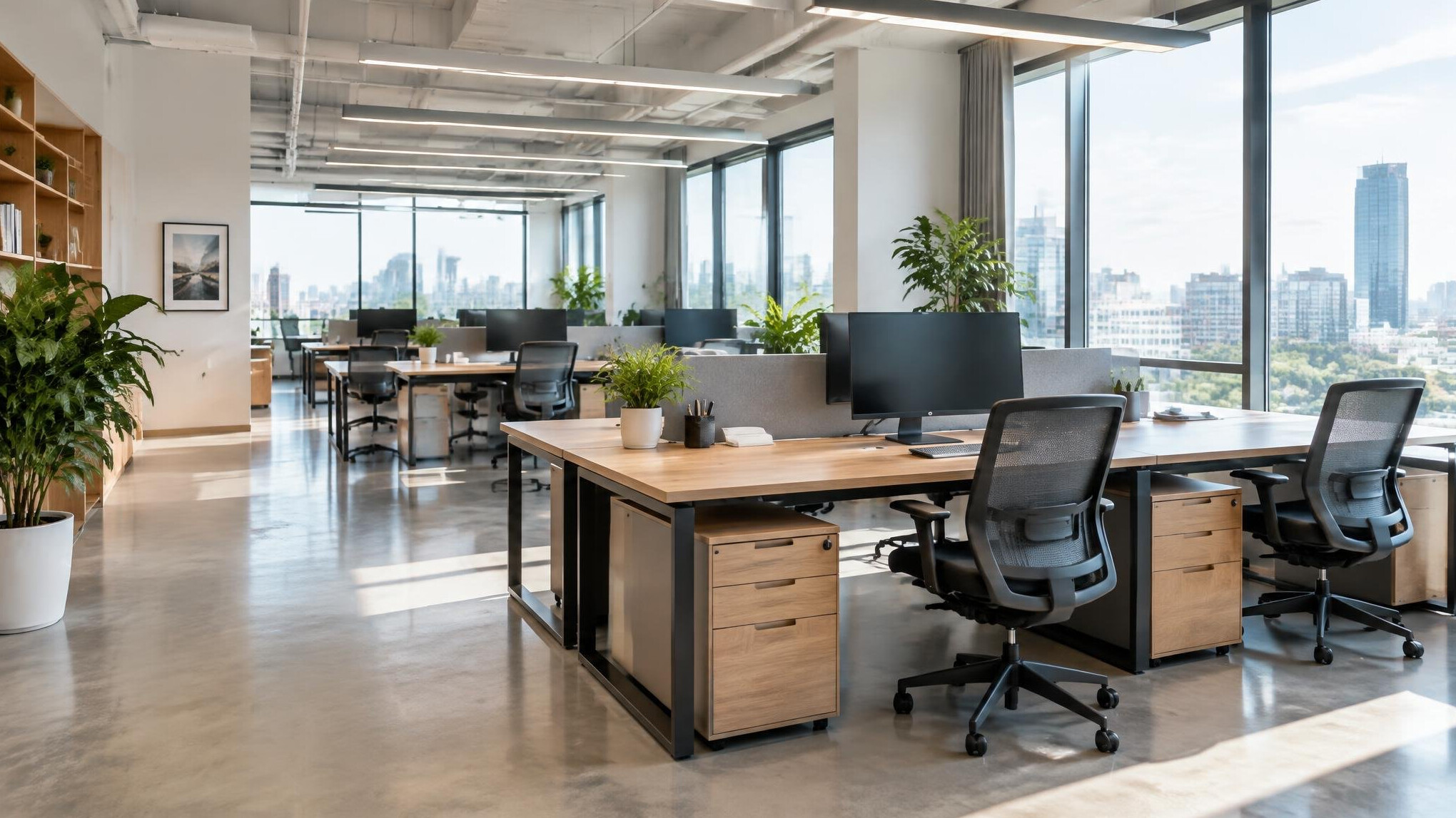 Modern empty office interior with plants and open workspace