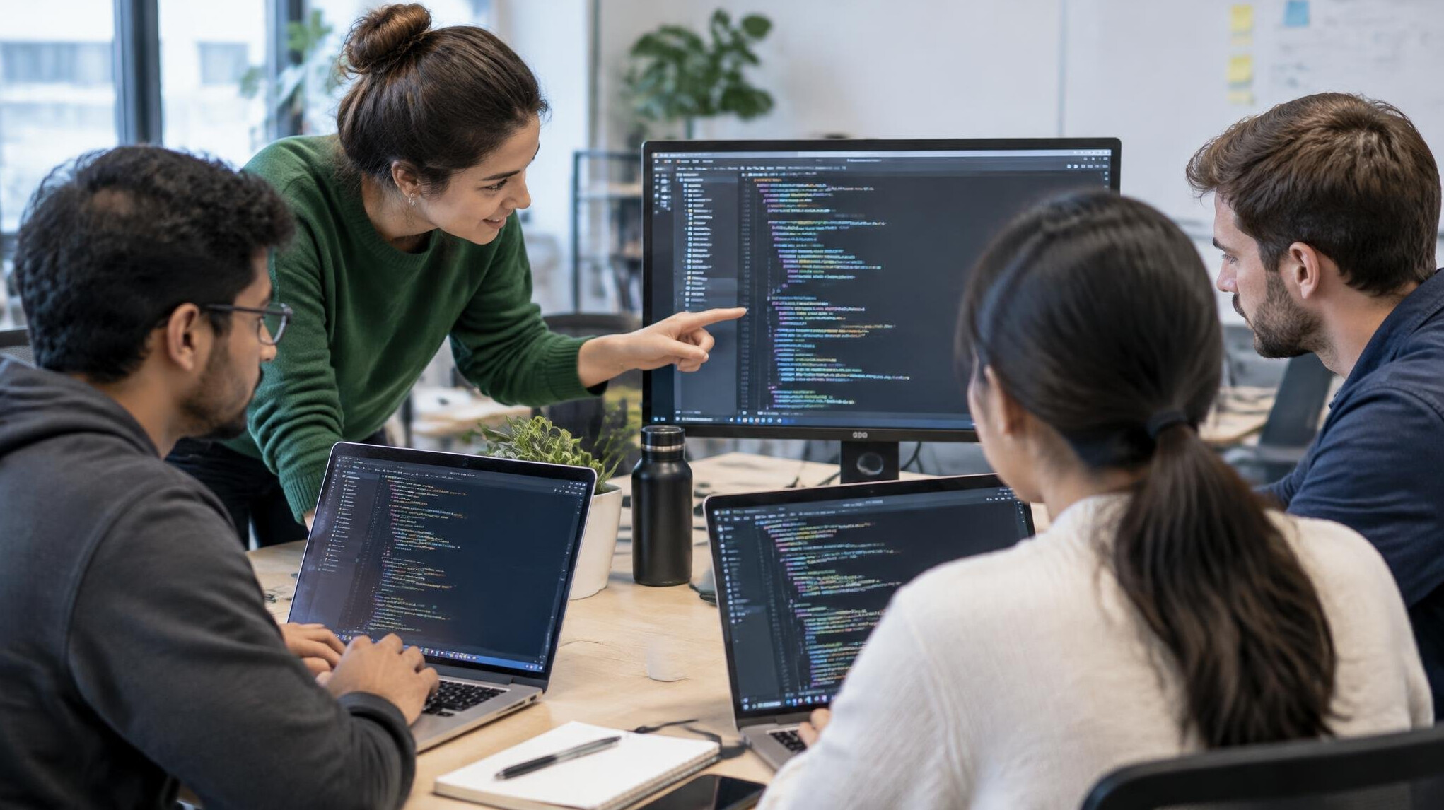 team of programmers collaborating on code