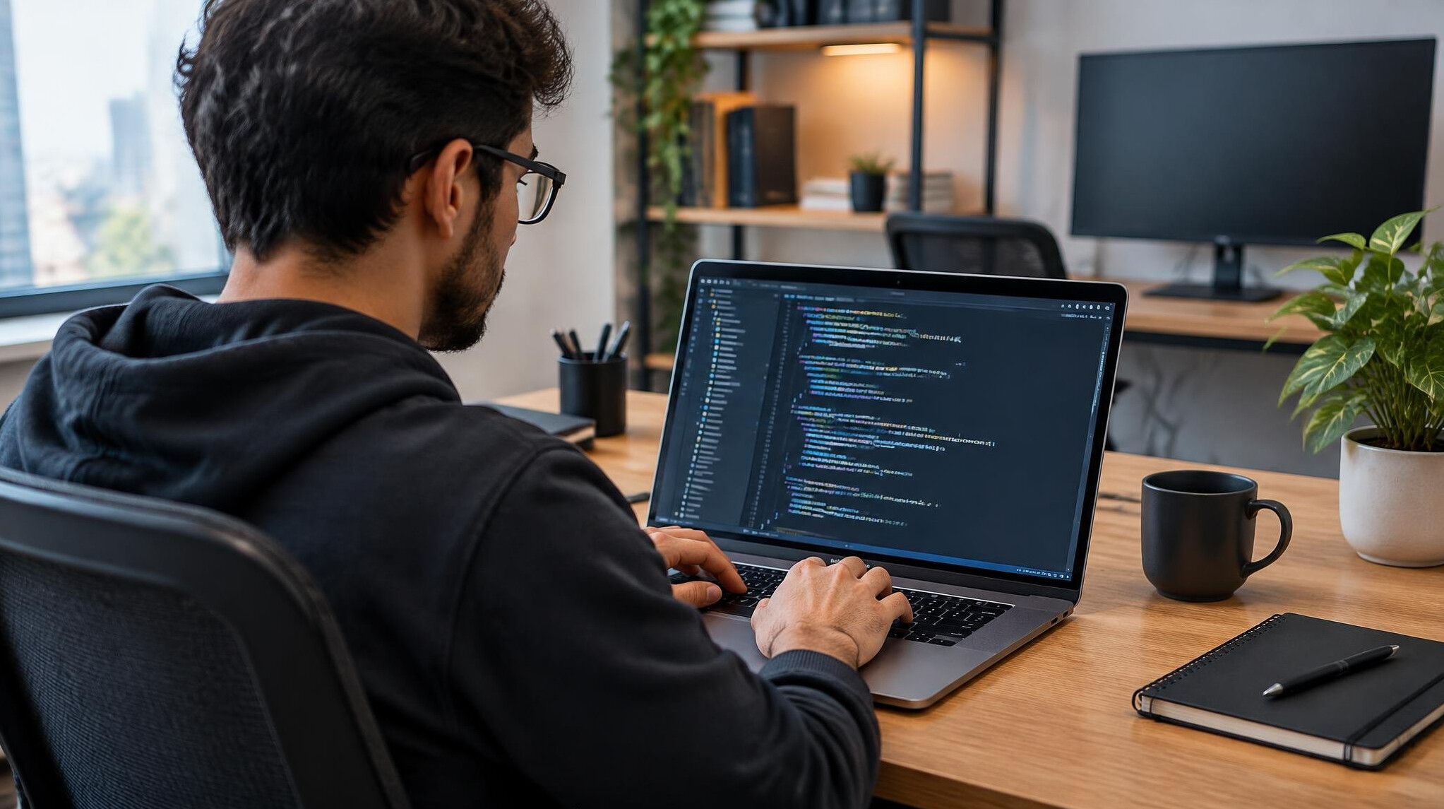 person writing code on laptop
