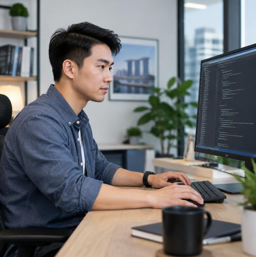 Focused software developer coding at a desktop computer
